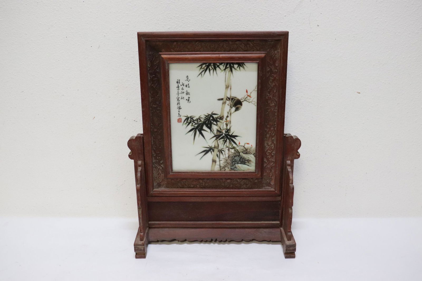 Chinese framed famille rose plaque on stand (1 of 9)