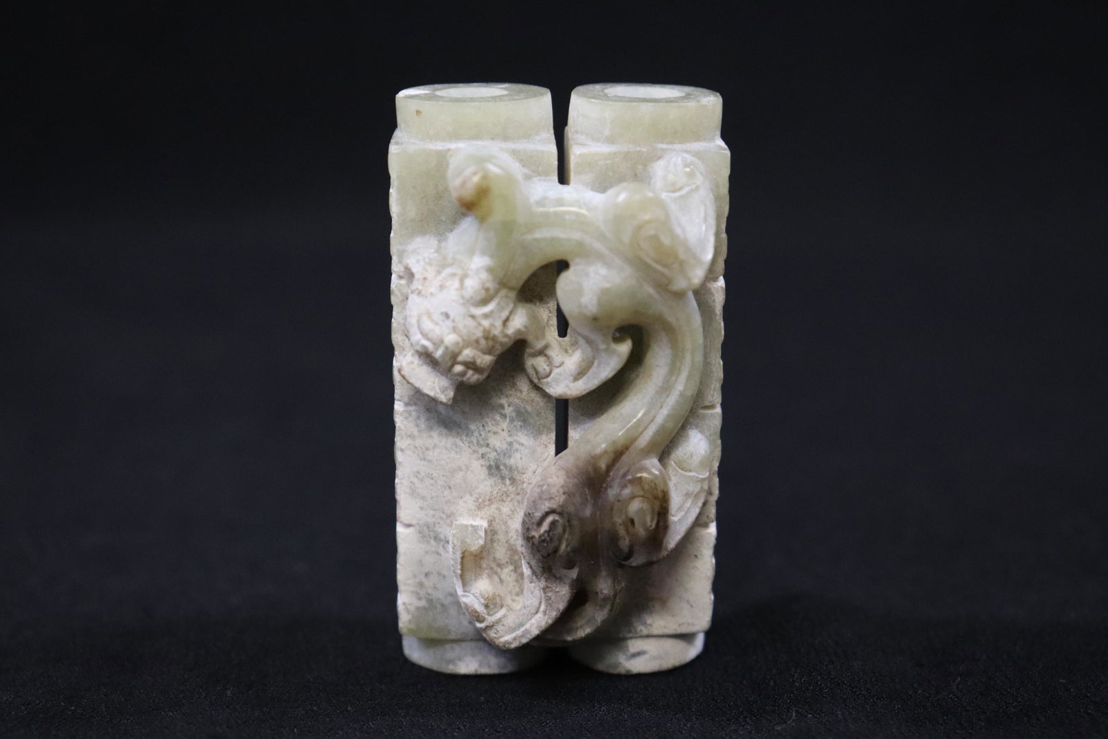 Chinese jade carved ornament: Chinese jade carved ornament in twin vase motif with qilin motif in relief, minor chips, 2.05"Hx1.15"x0.9"