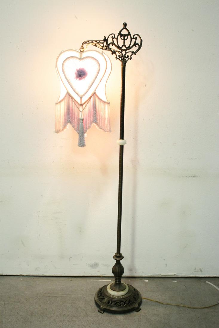bronze based floor lamp w/ fancy silk lamp shade (1 of 11)