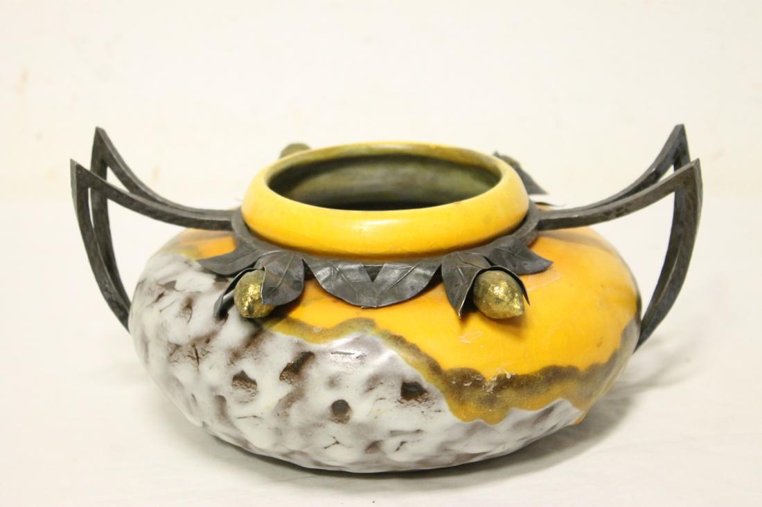 pottery jar with cast iron ormolu by Louis Page: Fine modern pottery jar with cast iron ormolu by Louis Page (1885-1963), 45"Hx9.75"x8"