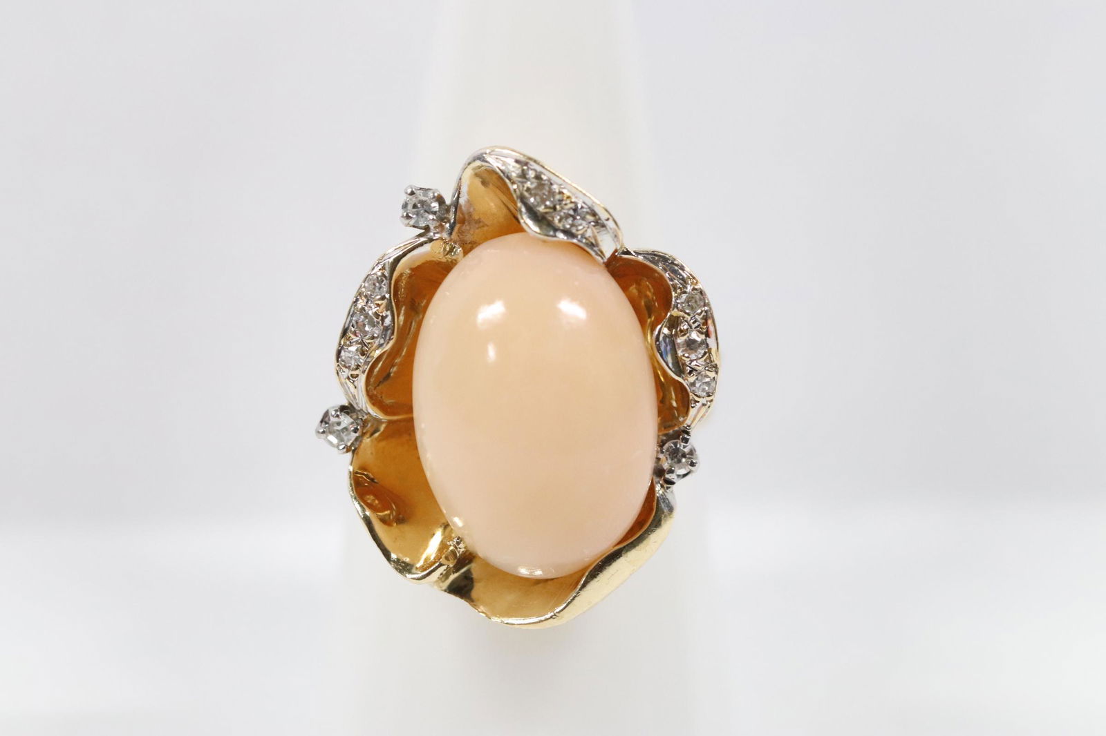 14K Y/G angel skin coral and diamond ring (1 of 10)