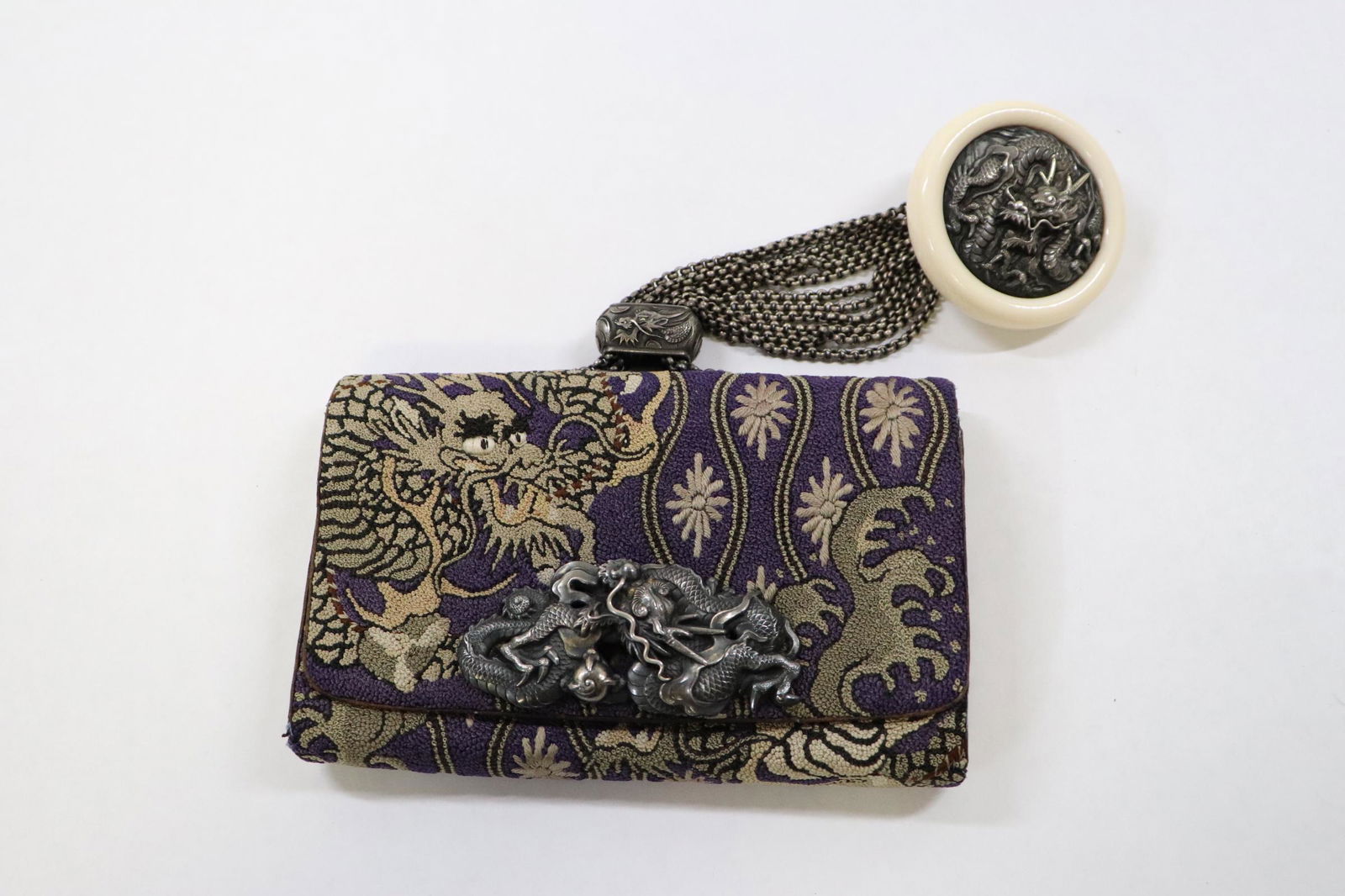 antique Japanese purse with silver catch and manju (1 of 10)