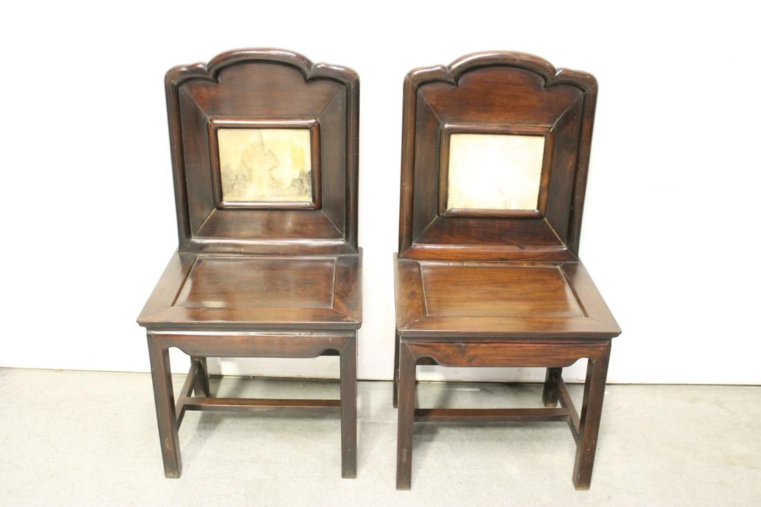 Pr Chinese rosewood side chairs w/ marble back (1 of 12)