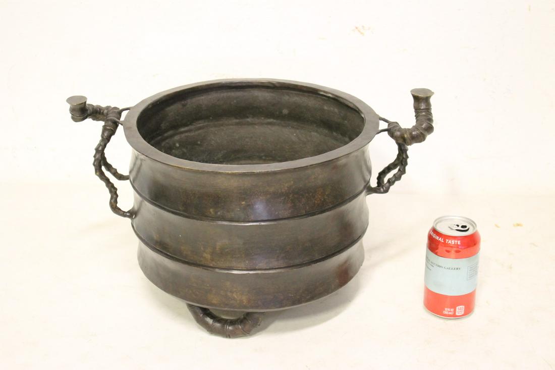 Large Chinese antique round bronze censer: Large Chinese antique round bronze censer with bamboo motif handles, 10.4"Hx17.9"x12.6"