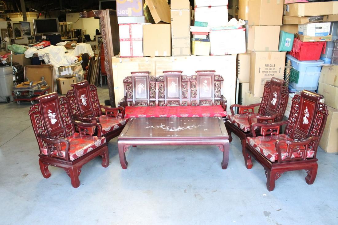 Chinese rosewood 6 pc living room set w/ MOP inlaid: Beautiful Chinese rosewood 6 piece living room set with mother of pearl inlaid; including one 3-seat couch(39.7"Hx70.5"x26.7"), 4 armchairs (39.7"Hx25.85"x26.7" each), and a coffee table (18.1"Hx54"x3