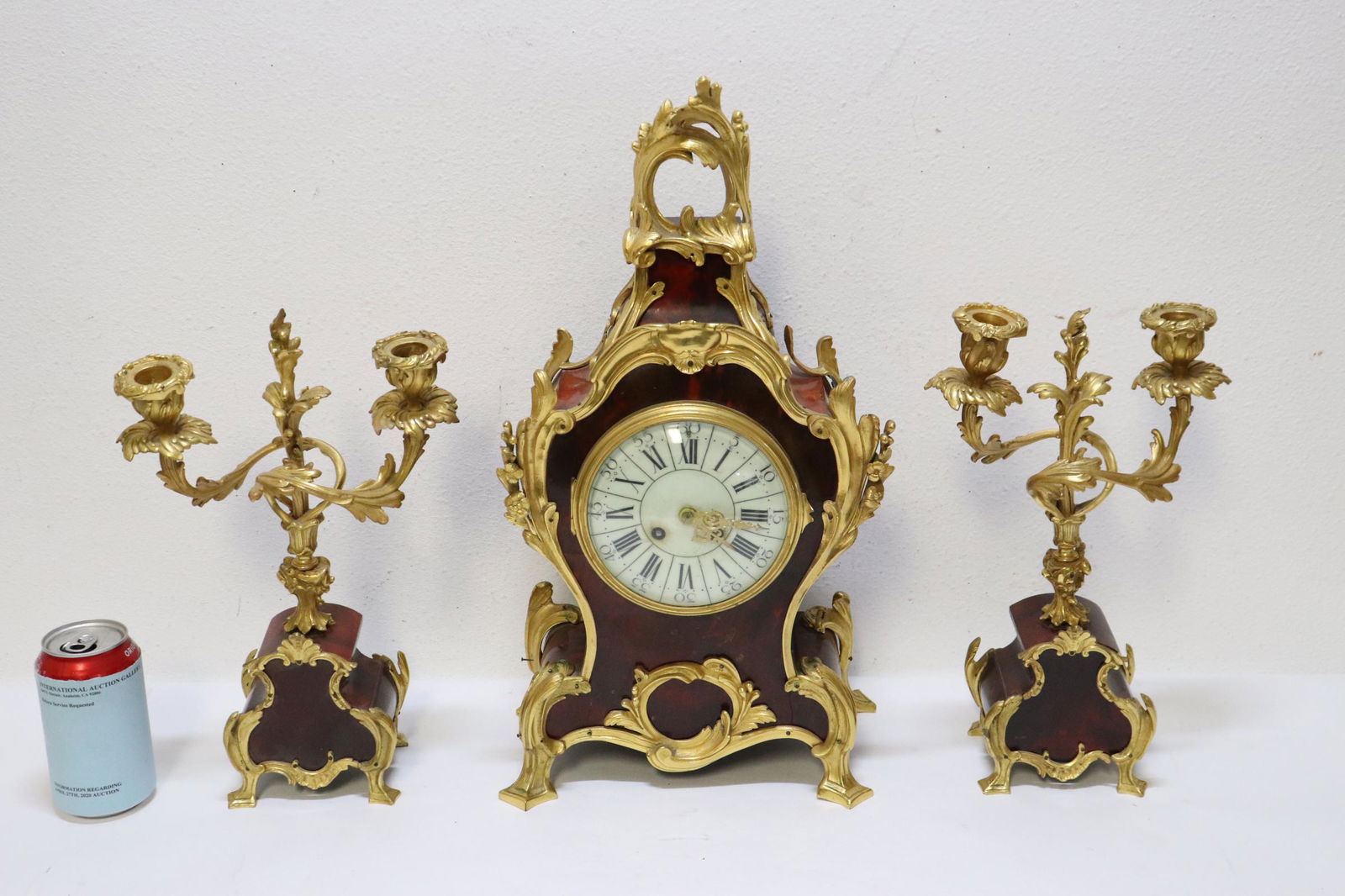 3 pc French garniture set with gilt bronze ormolu: 3 pieces French garniture set with gilt bronze ormolu, 19.5"H, 13.2"H(2)