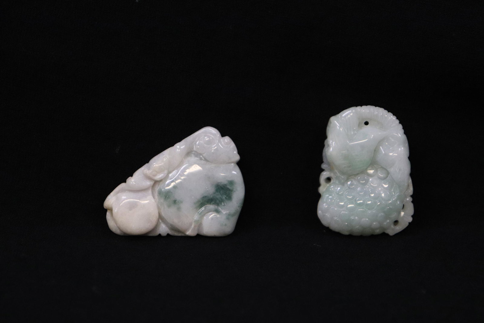 2 Chinese jadeite carved ornament in fruit motif: 2 Chinese jadeite carved ornament in fruit motif, 1.7"x1.25"x0.45", 1.35"x2"x0.25"