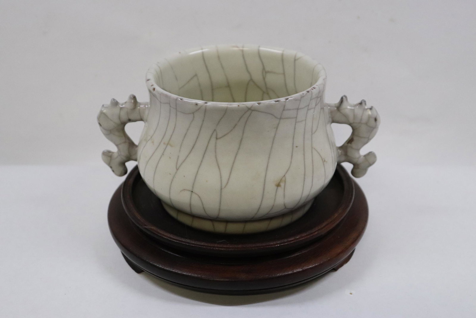 Song style crackleware porcelain handled censer: Song style crackleware porcelain handled censer, 3.4"Hx7"x5"