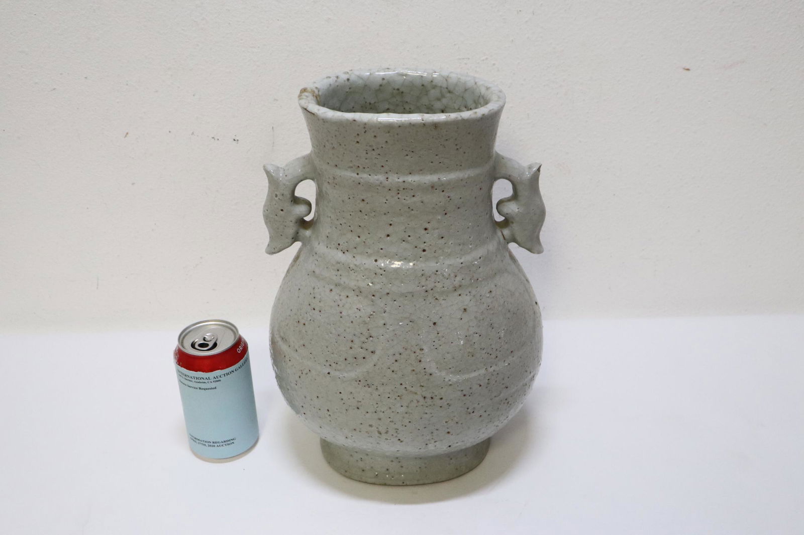 Chinese antique Song style crackleware handled jar: Chinese antique Song style grey crackleware handled jar, possible Qianlong period, 13.75"Hx9.25"x7.8"