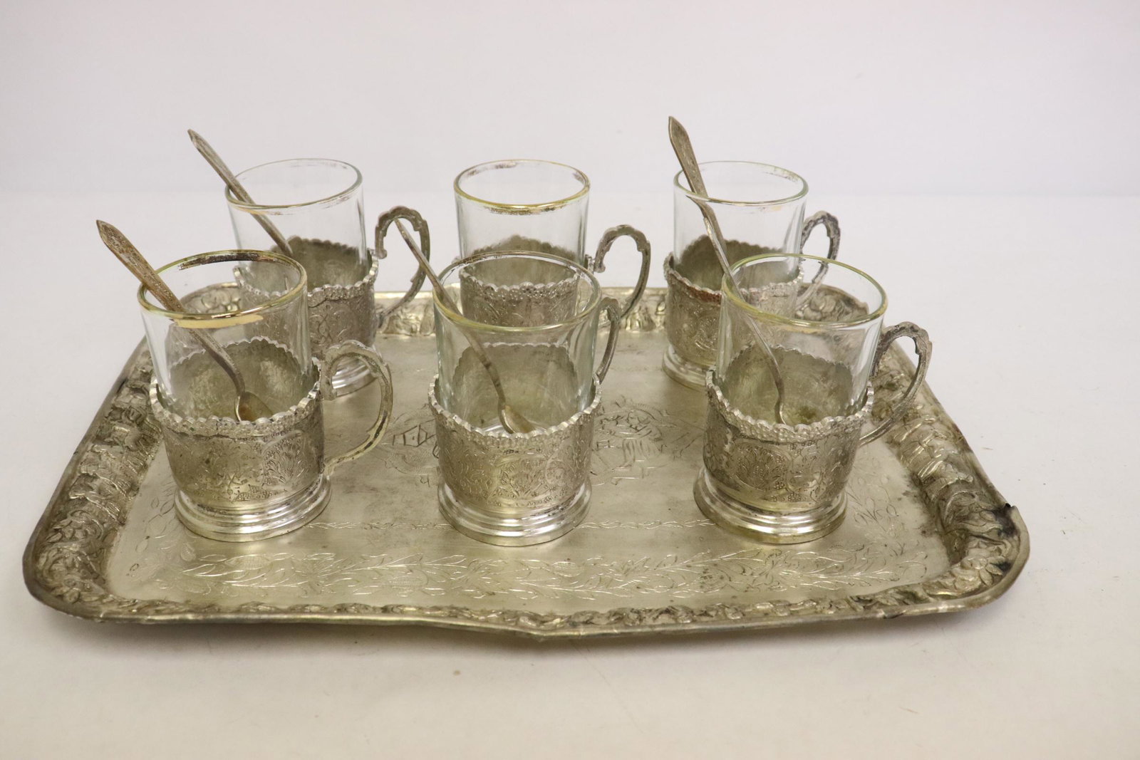 Persian silver tray w/ 6 Persian silver cup holders (1 of 9)
