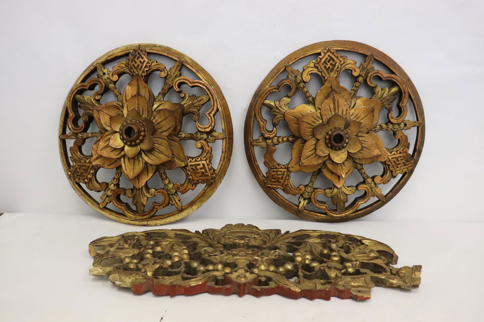 3 Chinese antique gilt wood carved ornaments: 3 Chinese antique gilt wood carved ornaments, one chips, 2.25"Hx11.65"dia(2), 88"x17.9"x0.75"