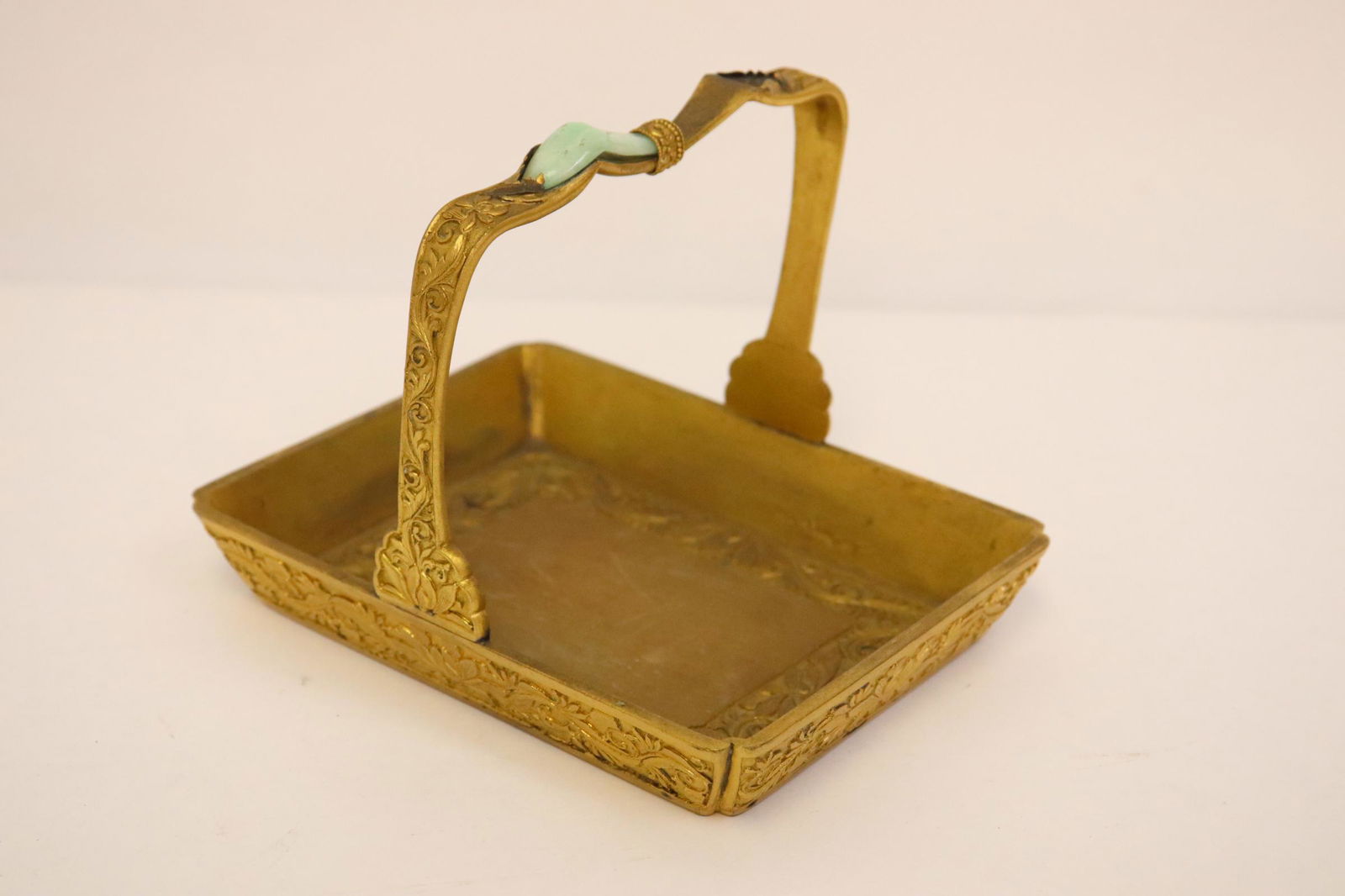 Chinese antique gilt bronze handled tray with jadeite (1 of 10)