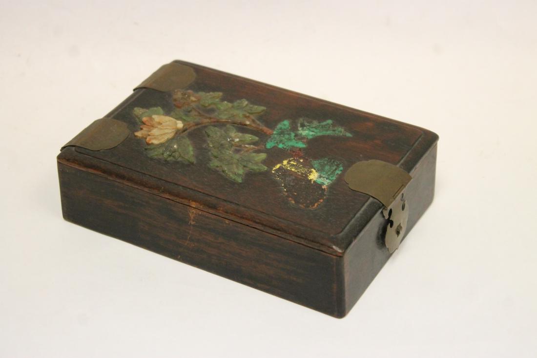 Antique Chinese wood box overlay with jadeite: Antique Chinese possible huanghuali wood box overlay with jadeite (losses), 1.8"Hx6.7"x4.7"