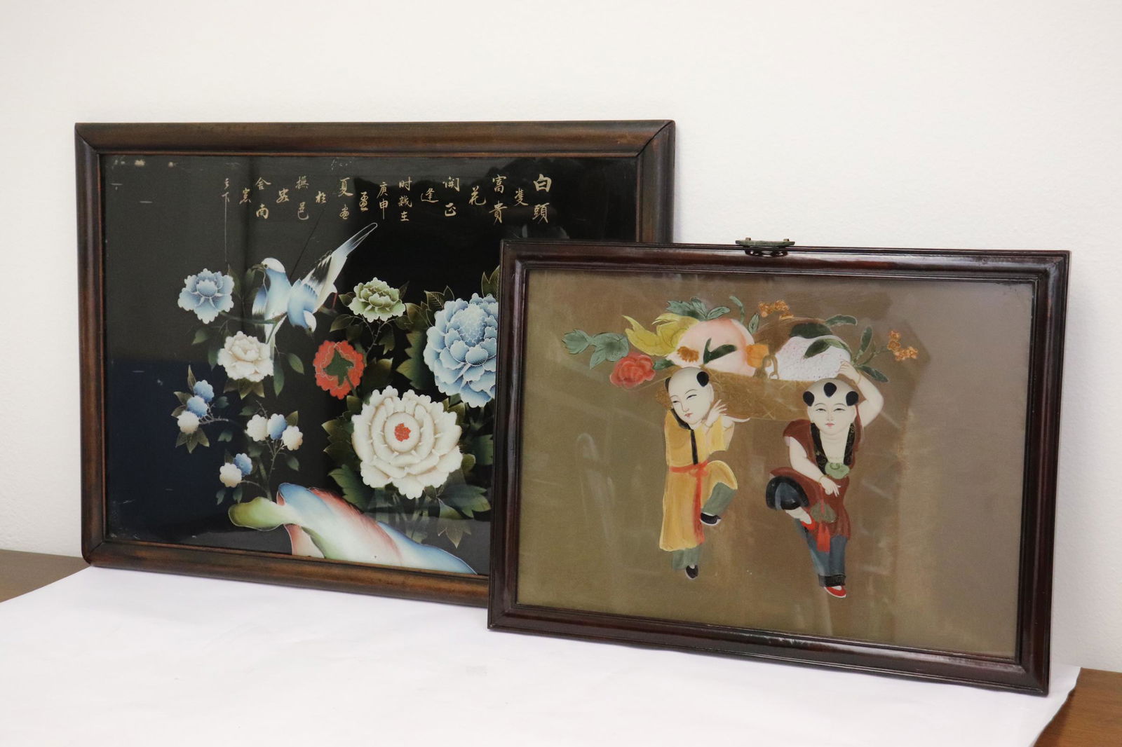 Pr Chinese rosewood framed reverse painted panels (1 of 10)