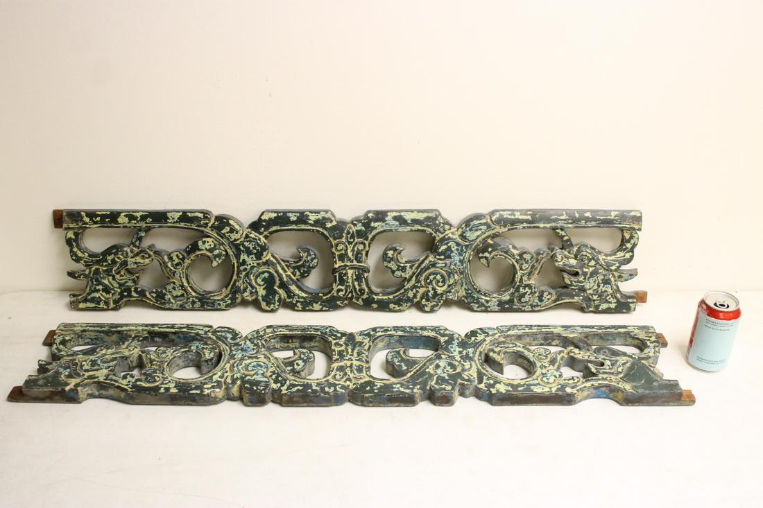 2 piece Chinese antique wood carved ornaments: 2 piece Chinese antique wood carved ornaments depicting qilin motif, 7.1"Hx39.7"x1.25" each
