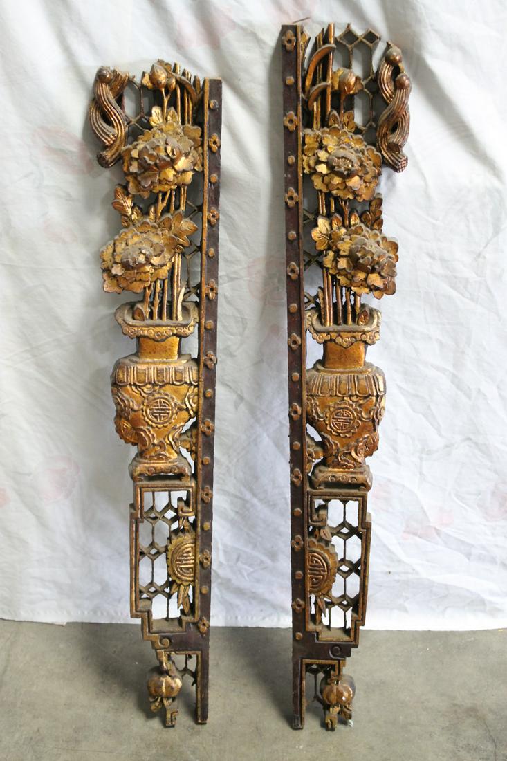 2 Chinese antique wood wall ornaments, chips: 2 Chinese antique wood wall ornaments, chips, 33.1"x5.85"x2", 35"x5.85"x2"