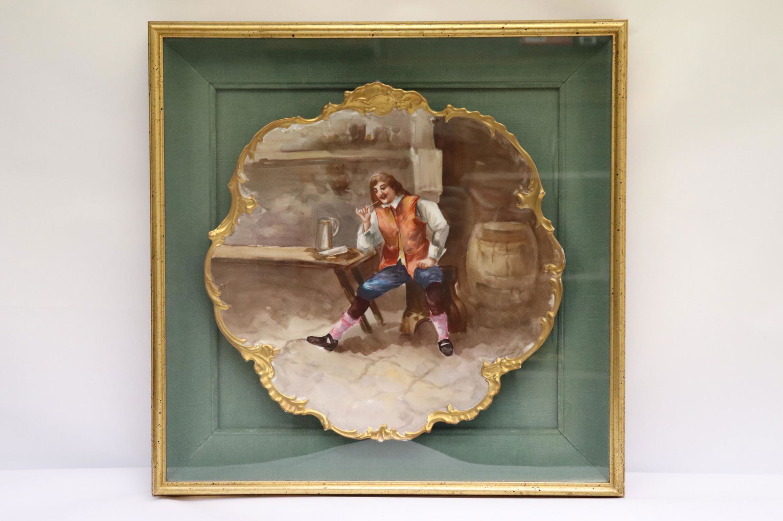 European framed painted porcelain plate, signed (1 of 10)