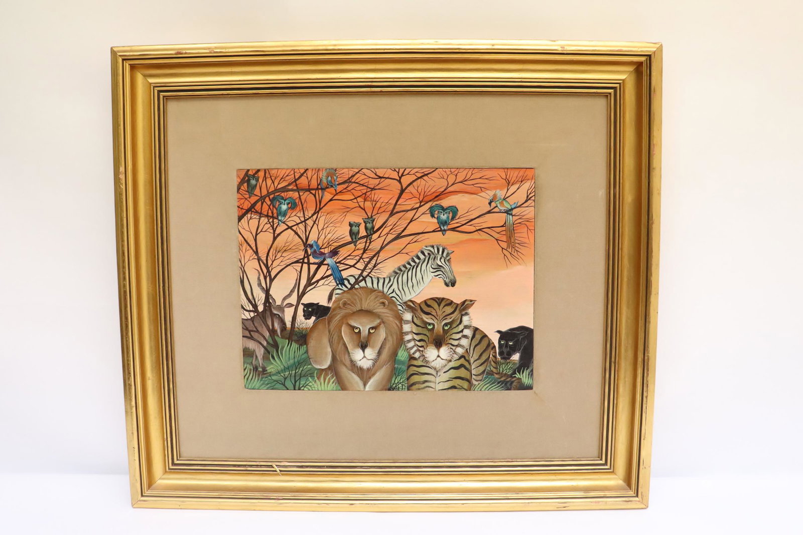 Oil on board by Gustavo Novoa: Oil on board "jungle scene" by New York/ France artist Gustavo Novoa (1941- ), 8.9"x11.75"