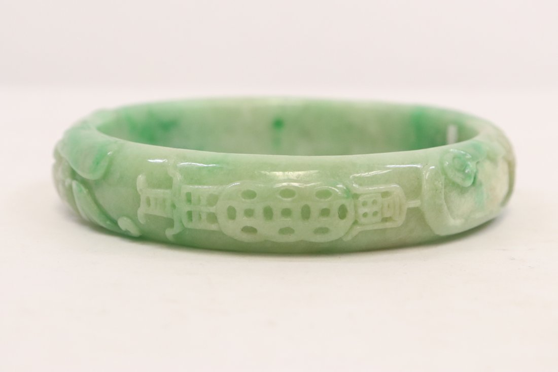 Large Chinese apple green jadeite carved bangle (1 of 10)