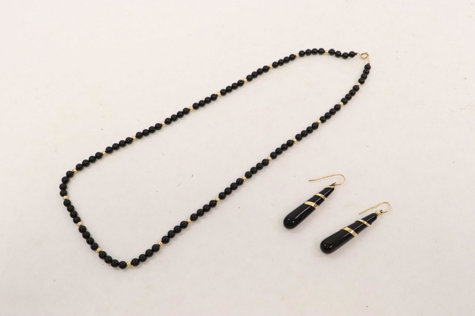 Onyx & 14K bead necklace, & pr 14K onyx earrings (1 of 11)