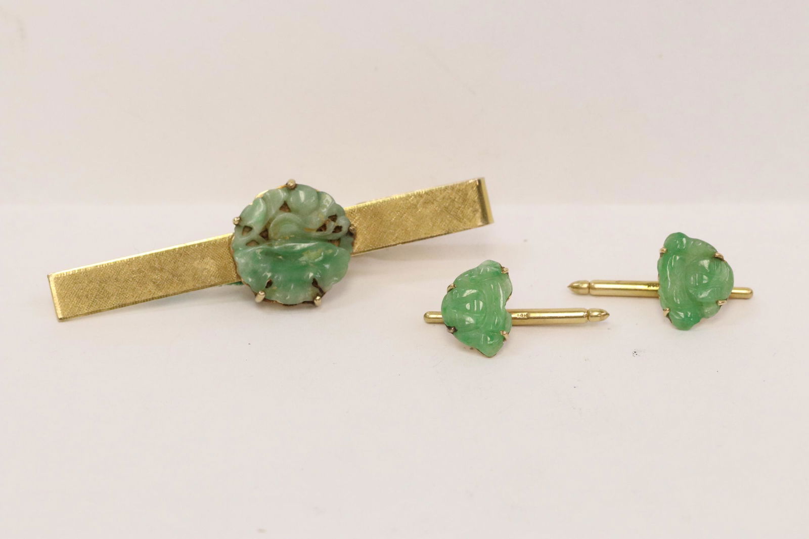 14K tie tack, and pr 14K button studs, all w/ jadeite (1 of 12)