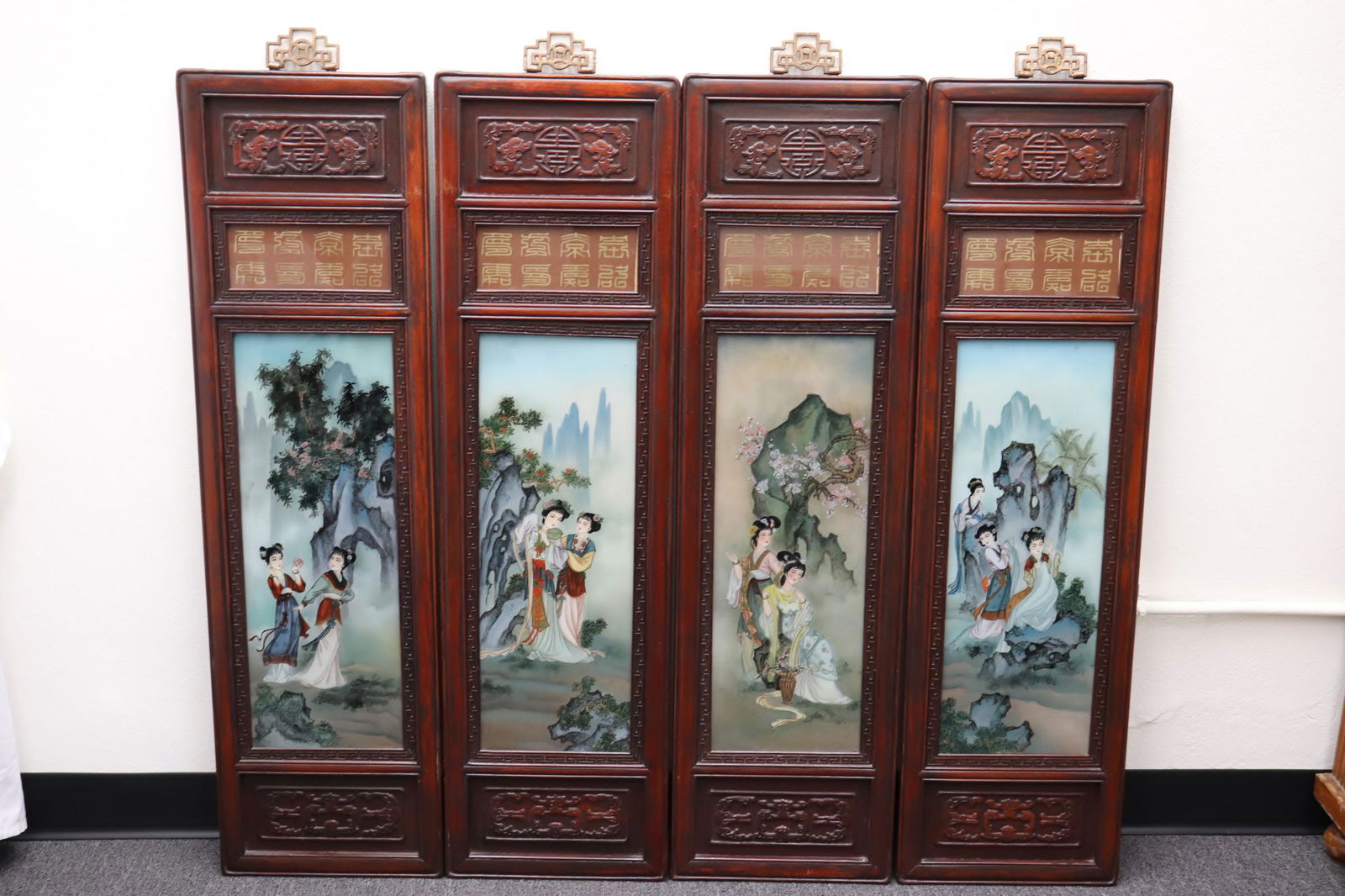4 rosewood framed reverse painted glass panels (1 of 9)