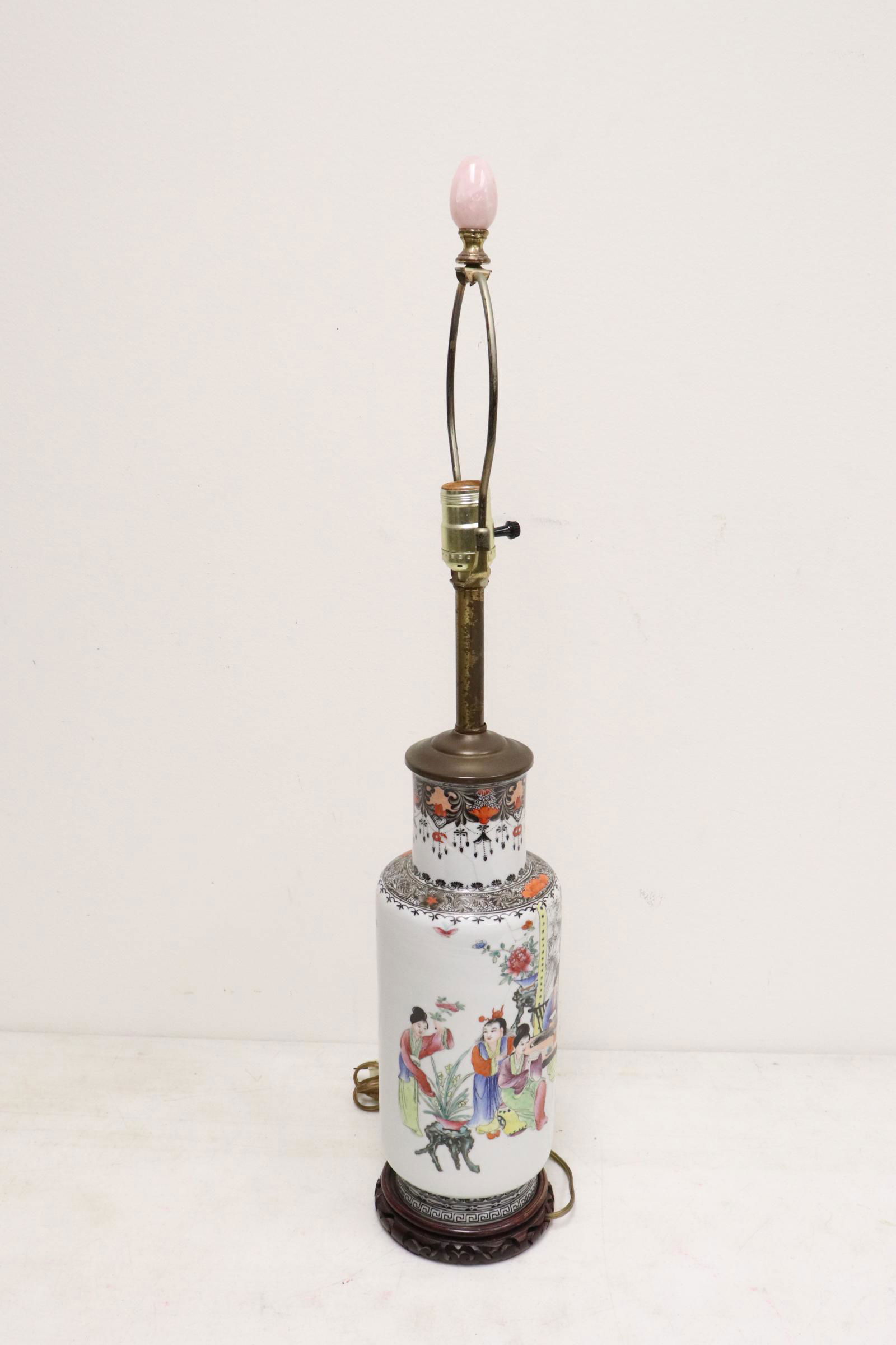 Chinese antique porcelain vase made as a lamp: Chinese antique famille rose porcelain vase (13.25"H) made as a lamp, damage & repair, 29.75"H