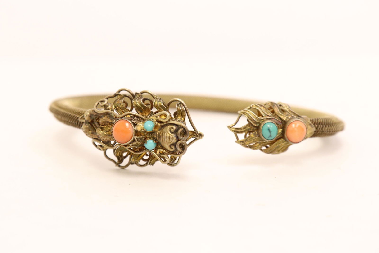 Chinese antique silver bracelet w/ coral & turquoise (1 of 9)