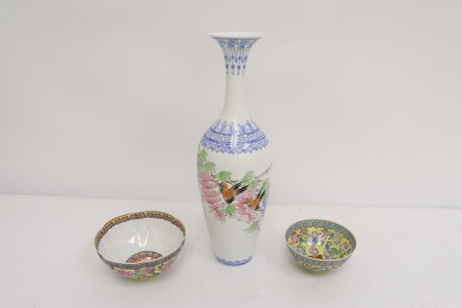 3 piece egg shell porcelains: 3 piece egg shell porcelains; one vase (10.4"Hx3"dia) and 2 bowls (1.5"Hx3.25"dia, 1.95"Hx4.13"dia)