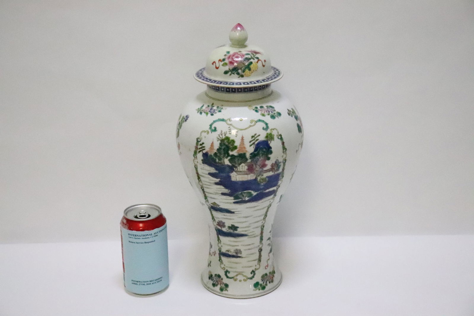 A fine Chinese antique famille rose covered jar: A fine Chinese antique famille rose covered jar, top repair, 15.4"Hx6.75"dia