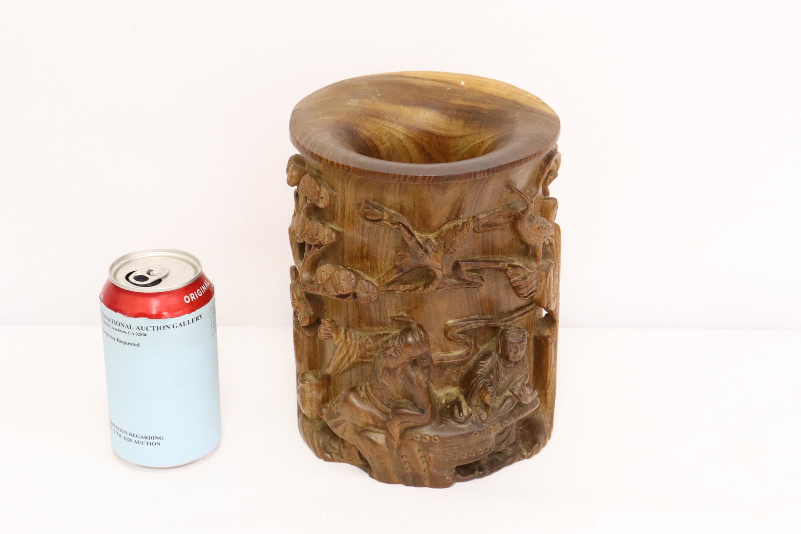 Heavily carved Chinese rosewood brush holder: Heavily carved Chinese rosewood brush holder, 8"Hx6.5"dia