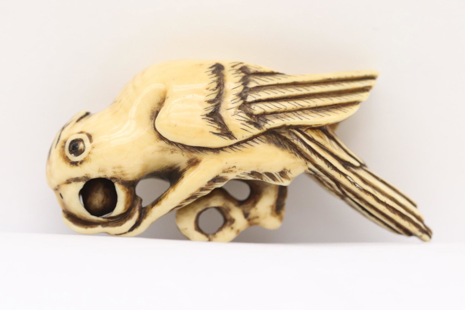 Vintage Japanese bone carved netsuke: Vintage Japanese bone carved netsuke depicting parrot, 2.45"L