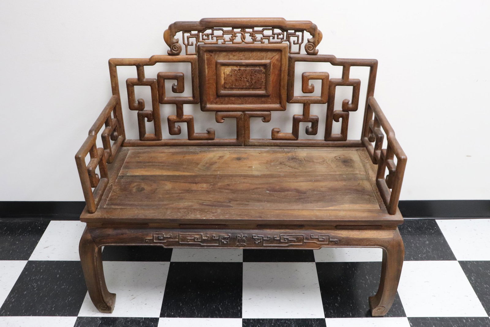 Chinese rosewood bench with burl walnut inset (1 of 11)