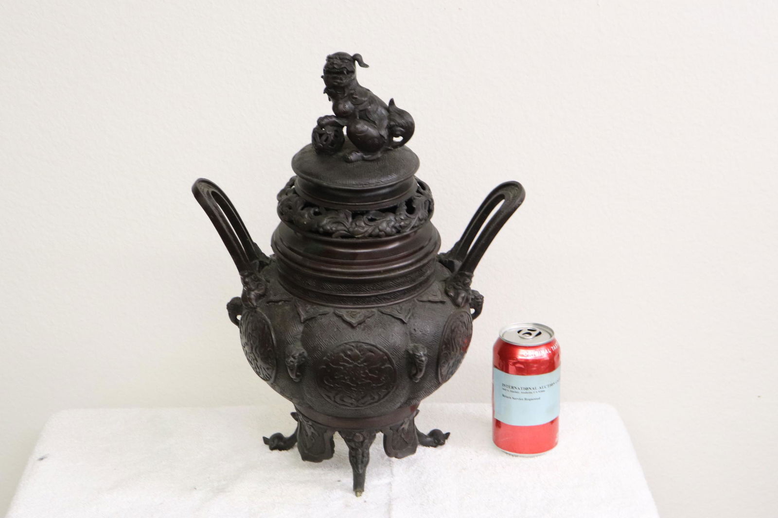 Chinese antique bronze tripod censer: Chinese antique bronze tripod censer, repair and one leg missing, 16.7"Hx11.5"x8.25"