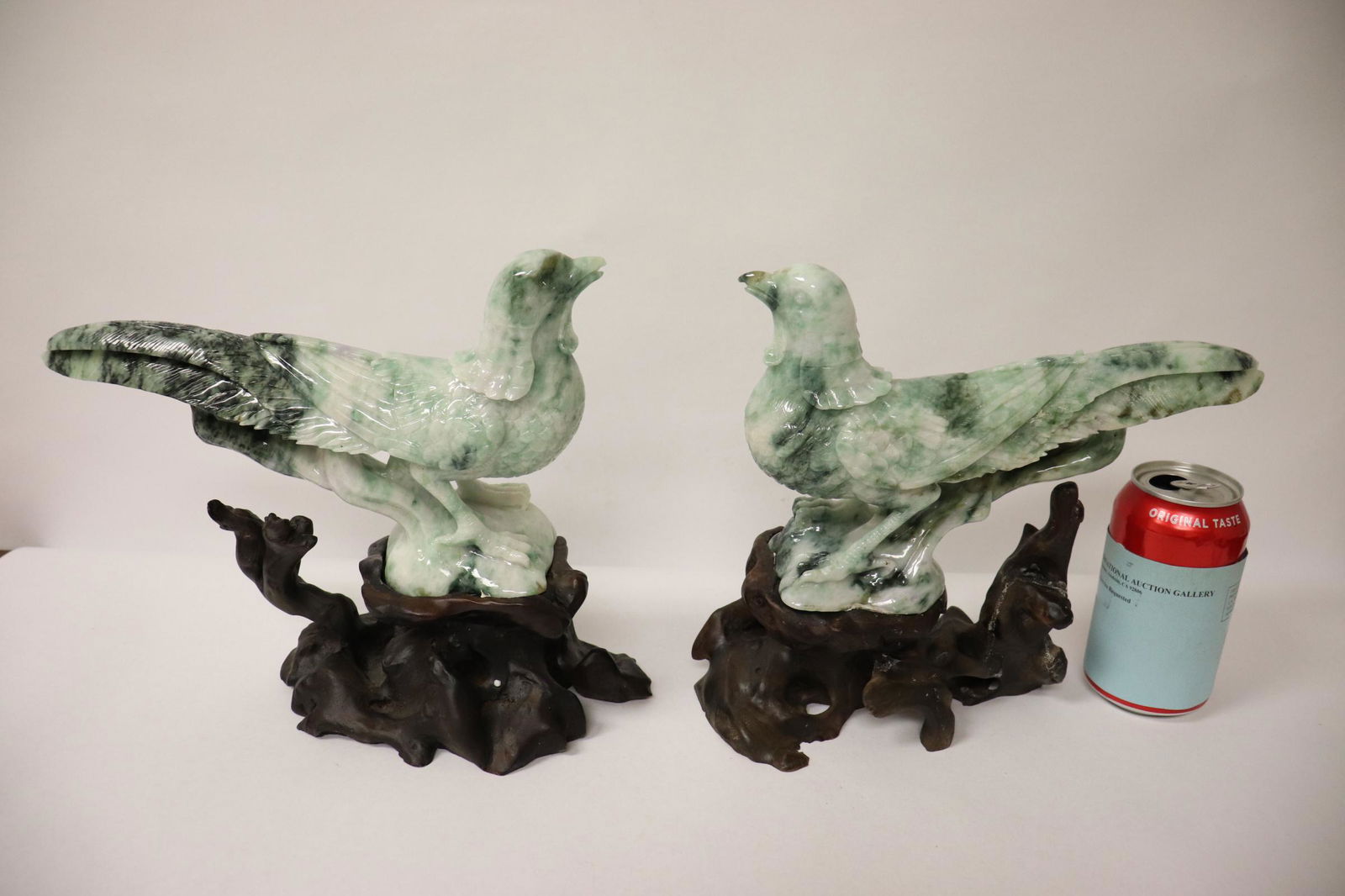Pair Chinese green jadeite carved pheasant on stand (1 of 10)