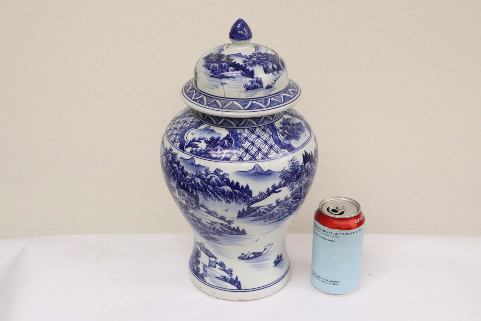 Blue and white covered jar: Blue and white covered jar (cover repair), 14.5"Hx8"dia