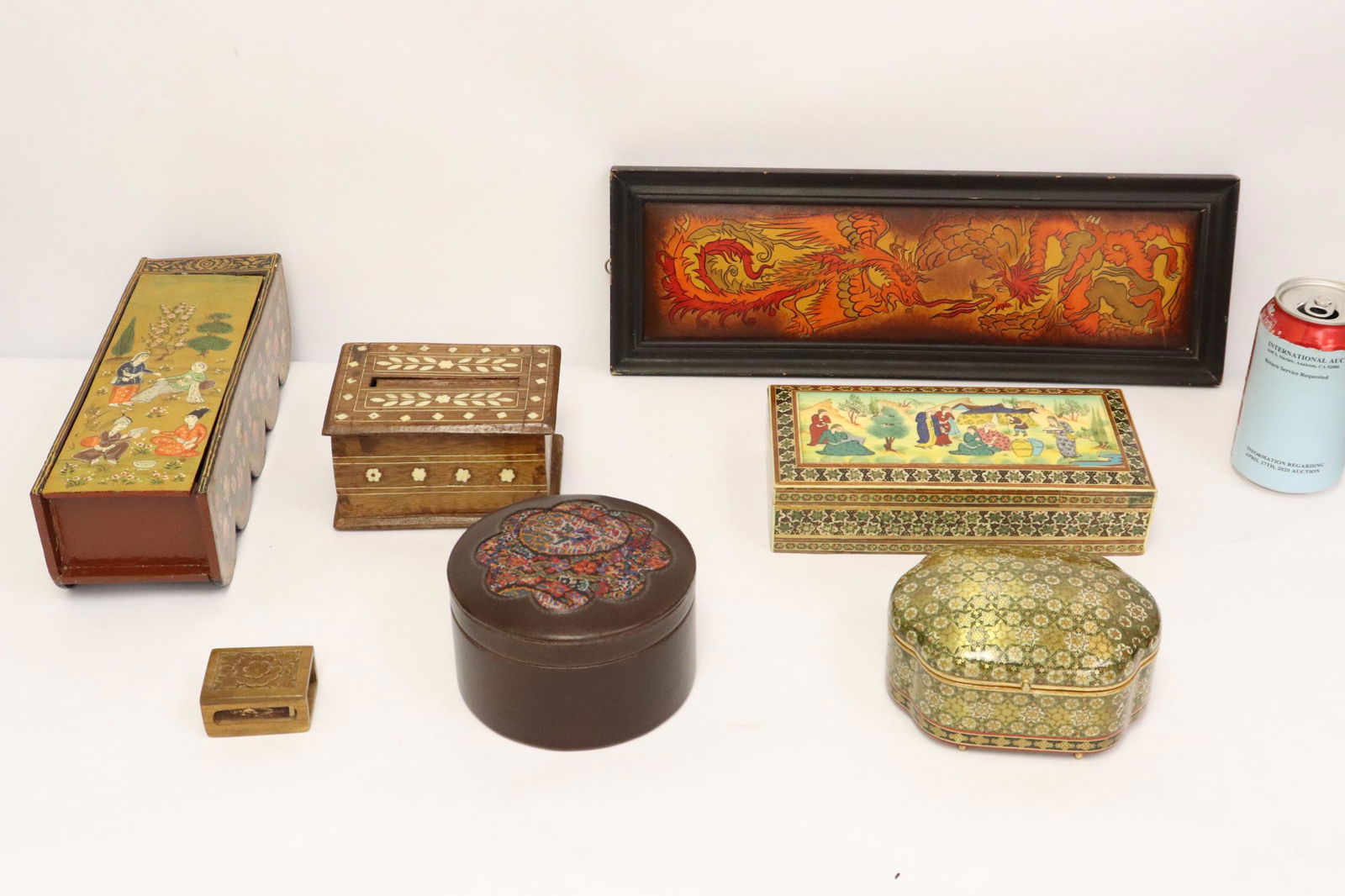 lot of misc.: 4 Persian boxes; one hand painted (3.1"x10.7"x3.65"), one inlaid with hand painted top (2.1"x8.6"x4.3") and one with fine inlay (3"x5.4"x4"), and a leather box (3.25"Hx5.4"x4") with coasters, a bone i