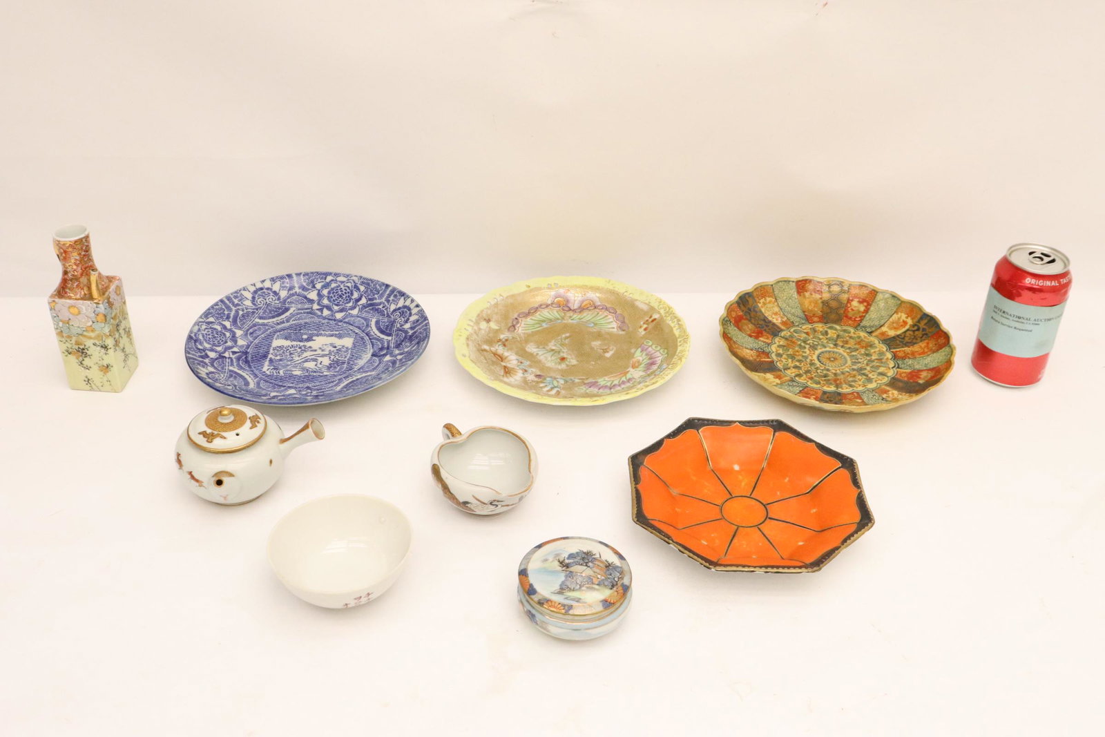 lot of porcelain pieces: Antique imari plate (repair, 1.45"Hx8.5"dia), Nippon plate, vintage Japanese porcelain pieces