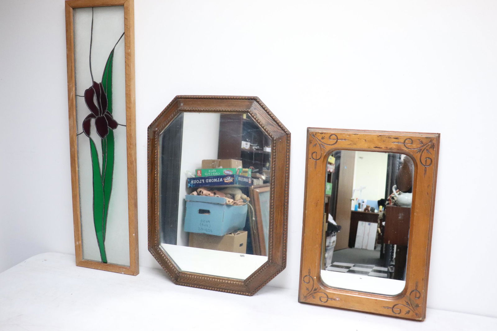2 framed mirror, and a framed leaded glass panel (1 of 10)
