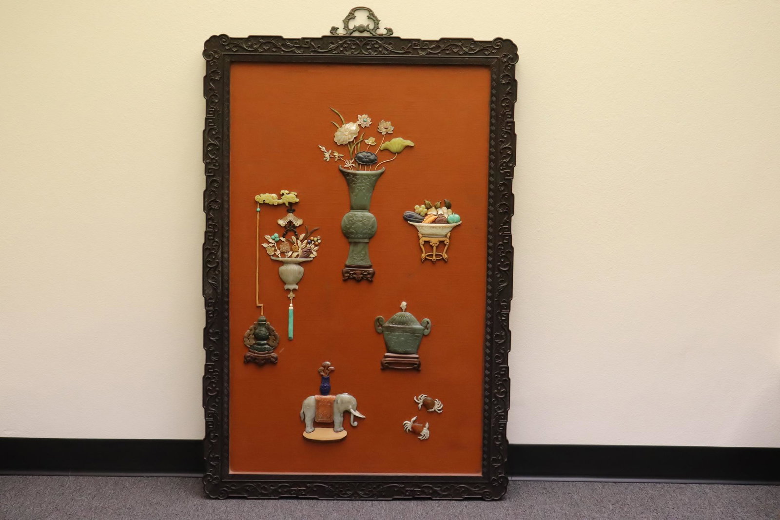 Chinese lacquer panel with rosewood frame: An important Chinese vintage lacquer panel decorated with antique jade, agate, bone etc to depict flower scene, scholar items, with rosewood frame (possible zitan), a beautiful example, 47.35"x31.5"x1