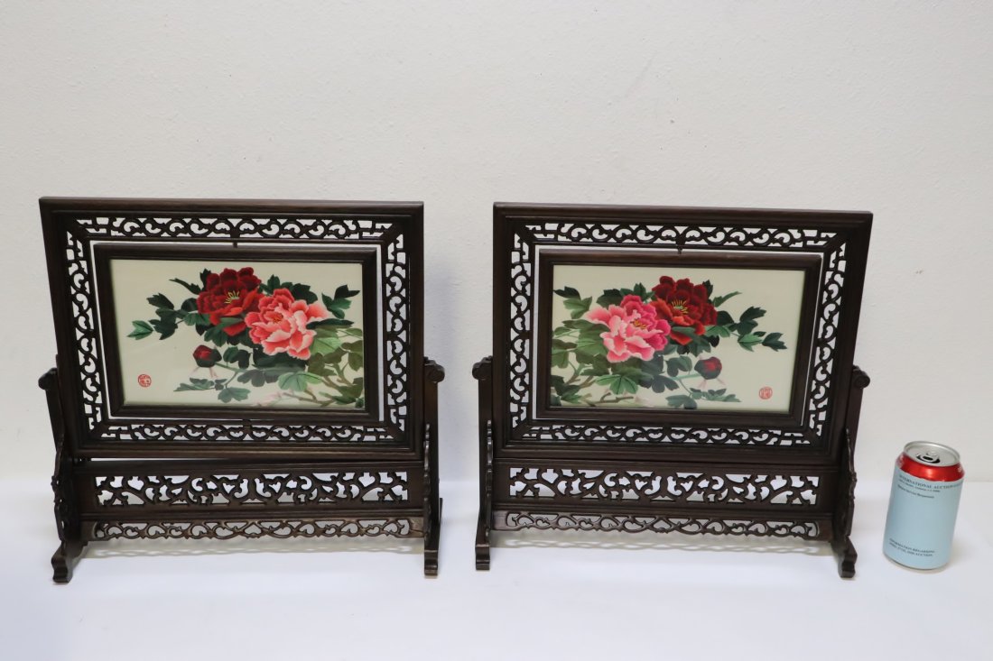 Pair Chinese rosewood framed embroidery panels (1 of 11)