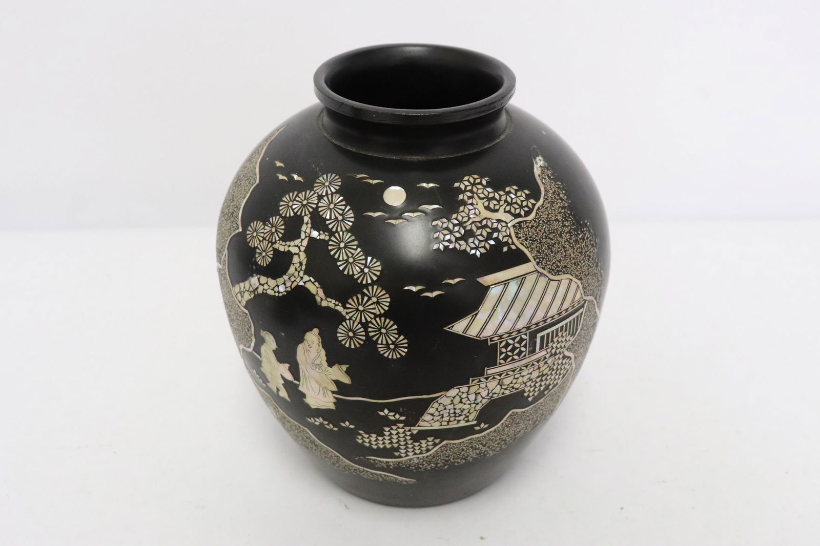 Chinese antique lacquer on metal jar inlaid w/ MOP (1 of 9)