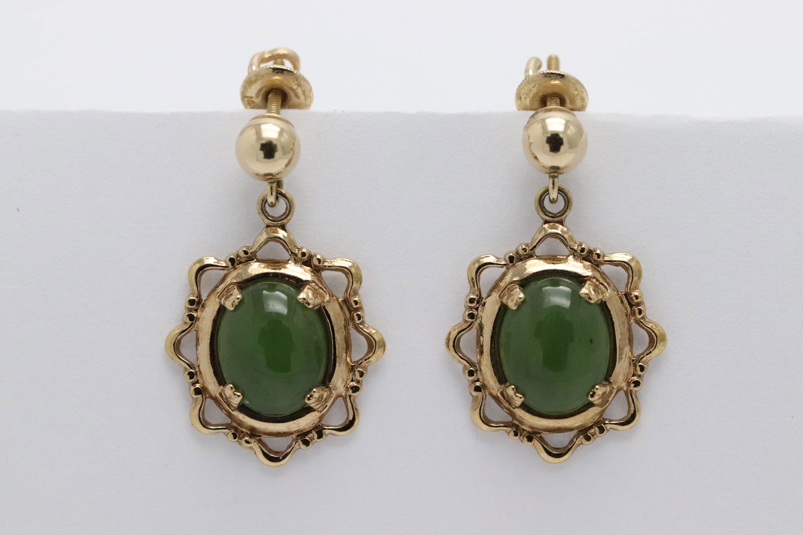Pair 14K Y/G earrings with jadeite cabochon (1 of 9)