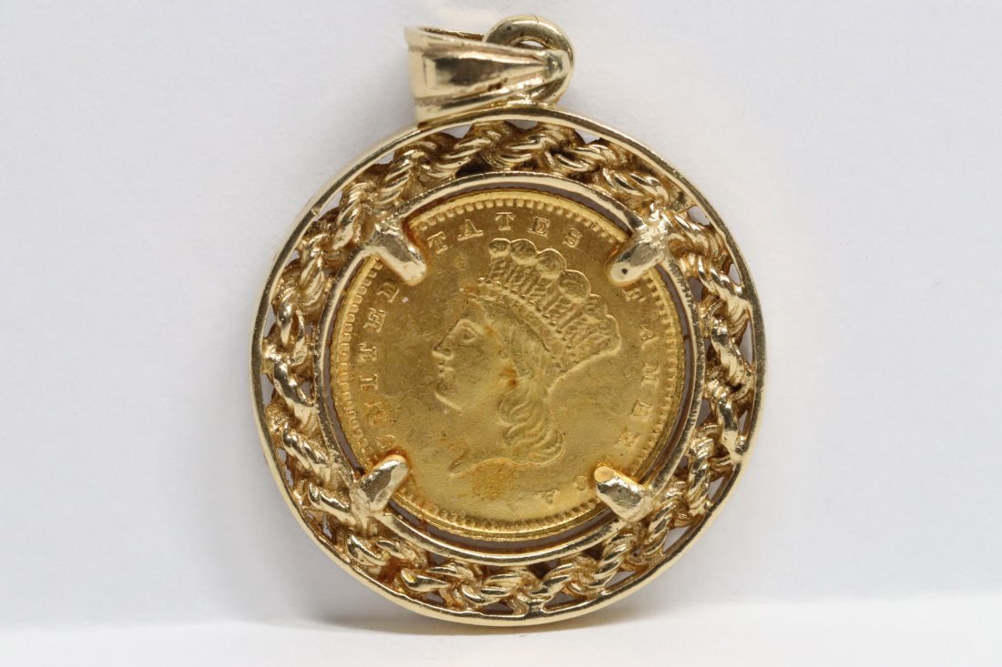 14K pendant w/ a 1874 US 1-dollar gold coin (1 of 8)