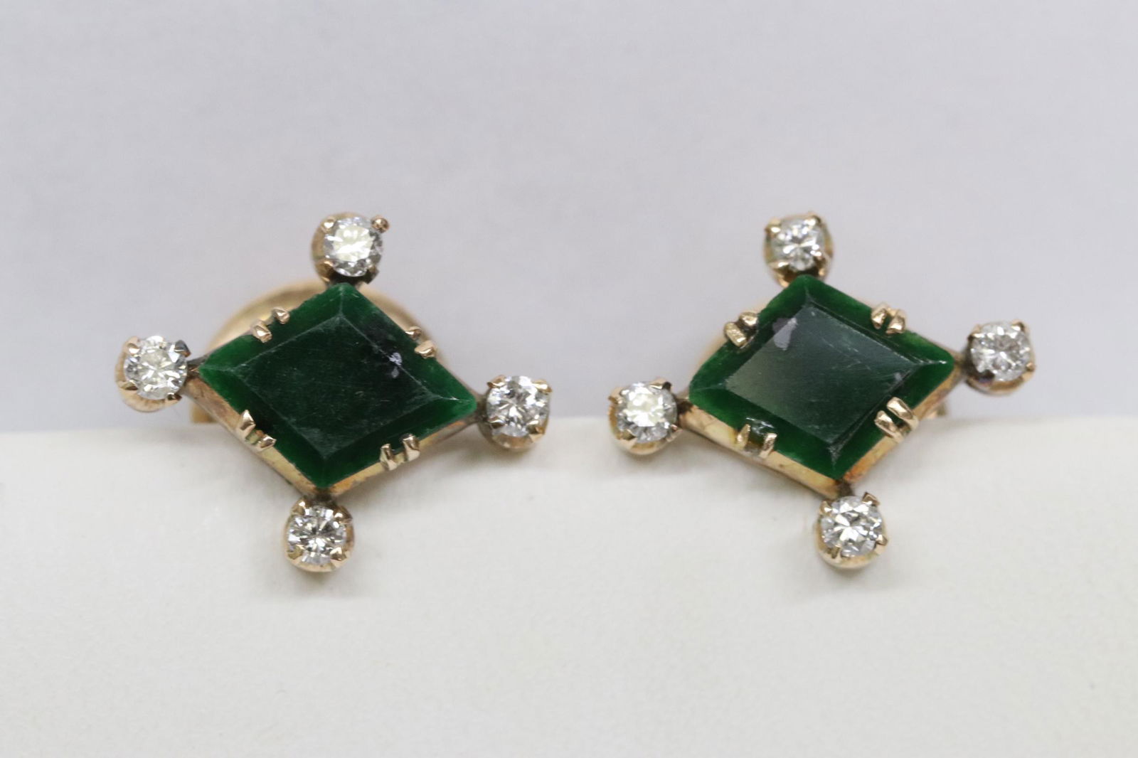 Pair 14K rose gold earrings w/ jade & diamonds (1 of 9)