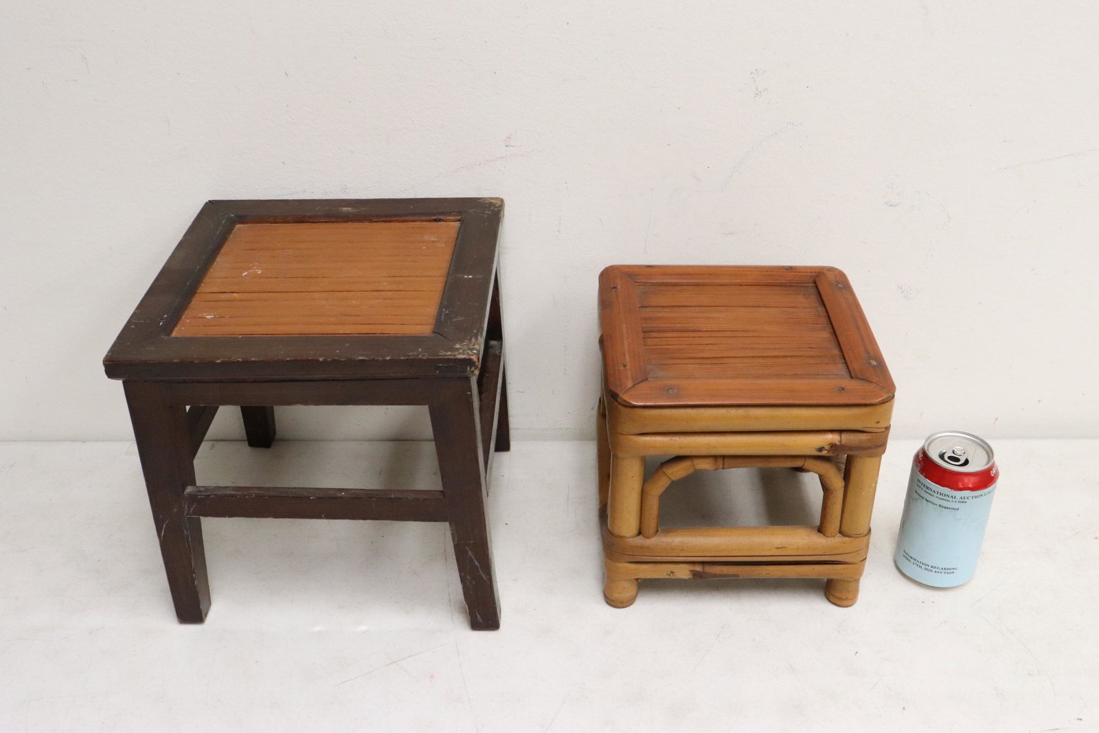 Chinese wood and bamboo stool, & a bamboo stool: Chinese wood and bamboo stool (9.95"Hx10.25"x10.25"), and a bamboo stool (8.25"Hx8.25"x8.25")