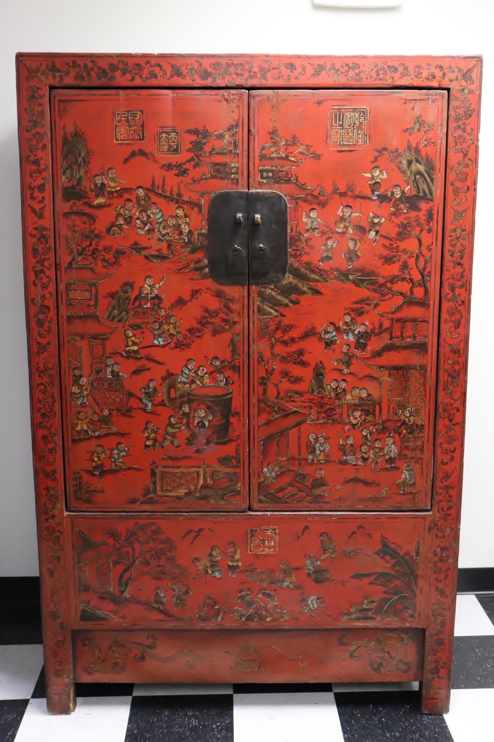 Chinese antique red lacquer on wood cabinet (1 of 11)