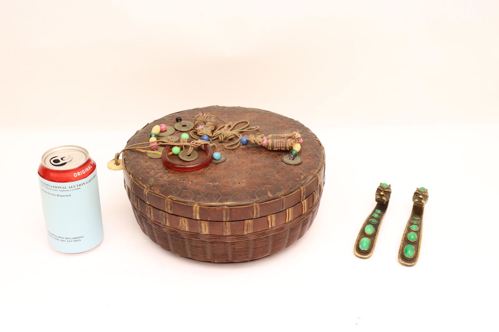 bamboo weaved basket, and 2 bronze belt buckles (1 of 11)