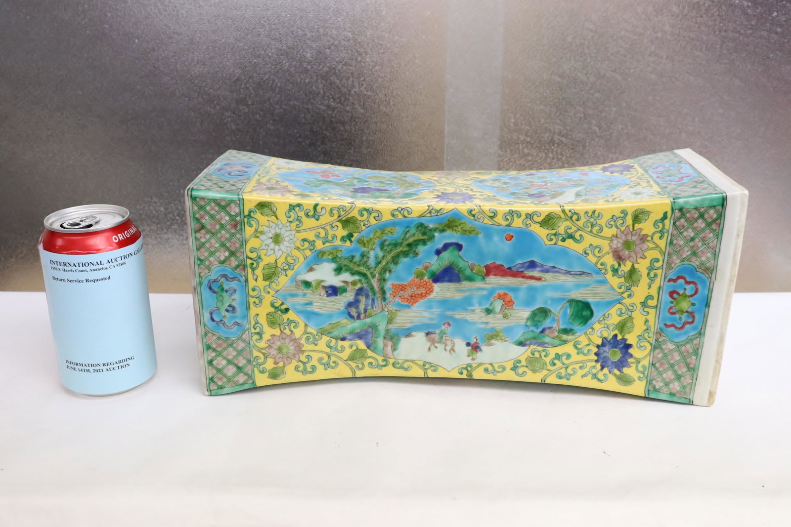 Unusual Chinese famille rose porcelain pillow: Unusual Chinese famille rose porcelain pillow, 13.7"Hx6"x4.65"