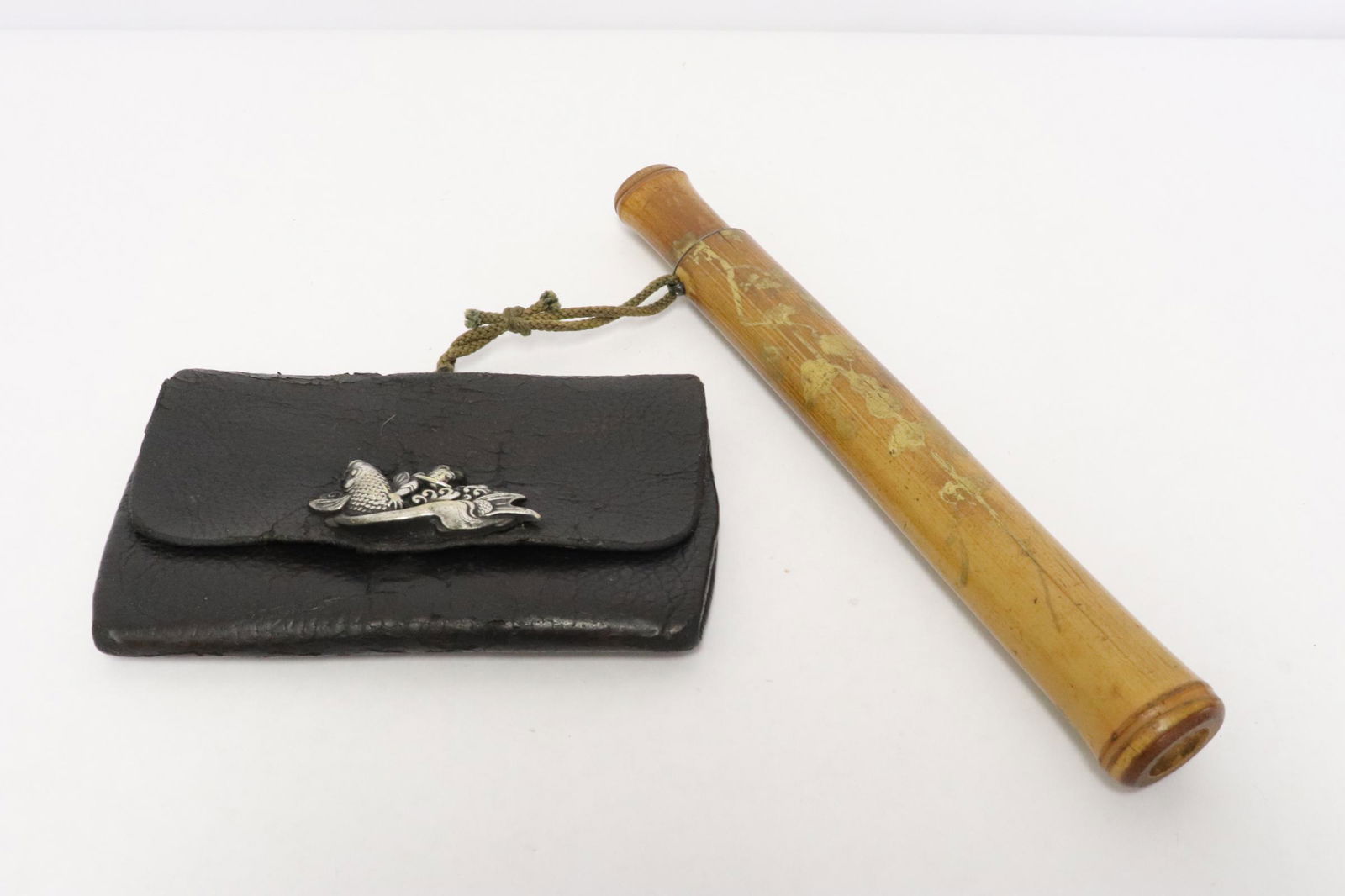 Antique Japanese pipe in bamboo pipe case: Antique Japanese pipe in bamboo pipe case (8.45"L) with beautiful leather tobacco pouch (3.33"x5.45")